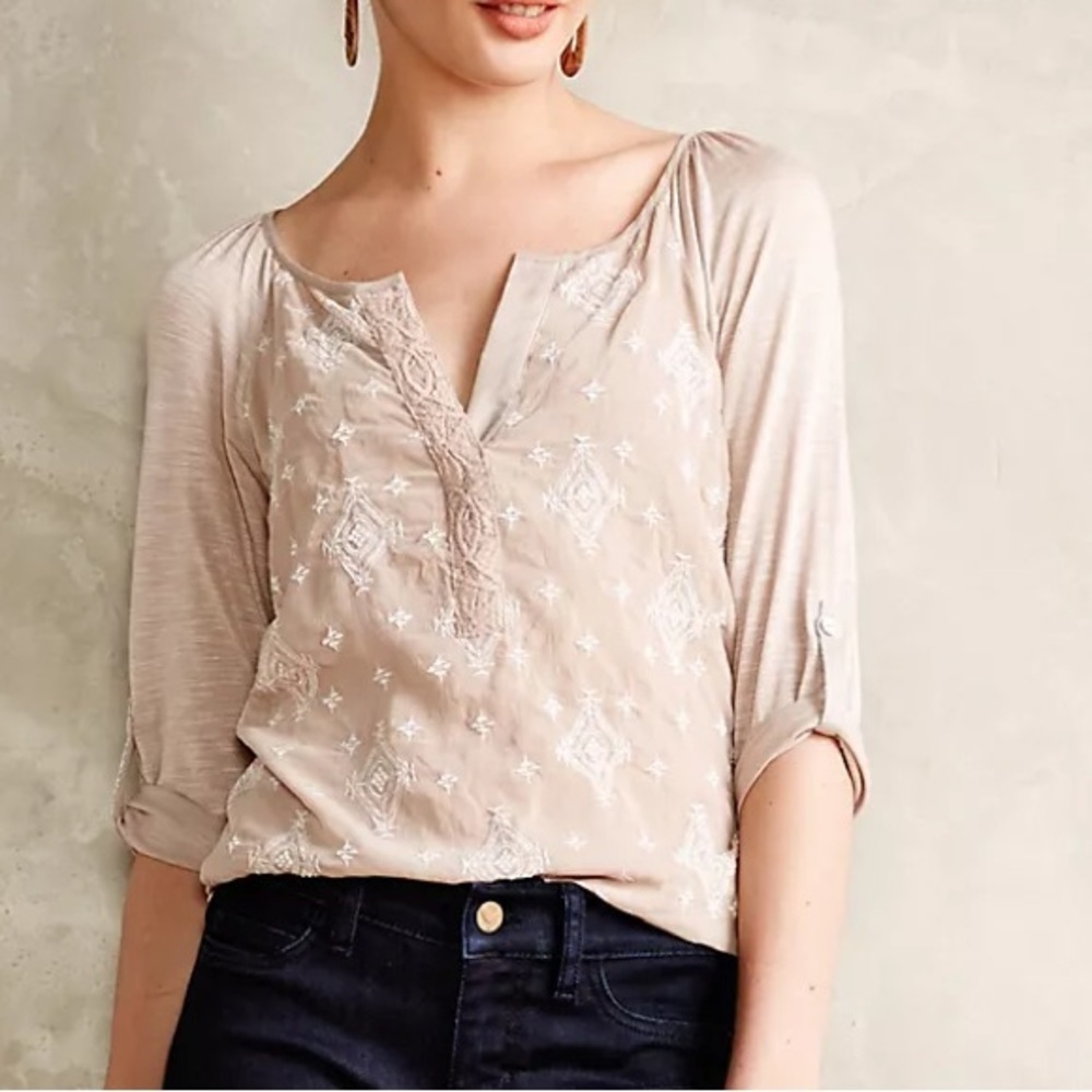 Anthropologie Blush Henley Embroidered Stitch pull over top